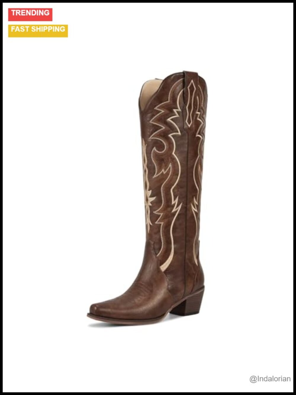 Knee High Cowboy Boots Faux Leather Snip Toe Chunky Heel Slip On Western